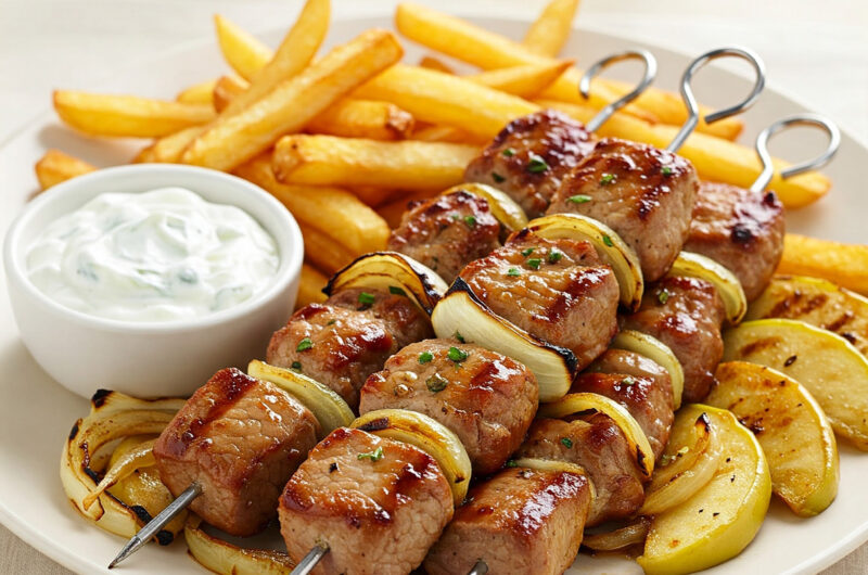 Apfel-Zwiebel-Spieße mit Zaziki & Pommes