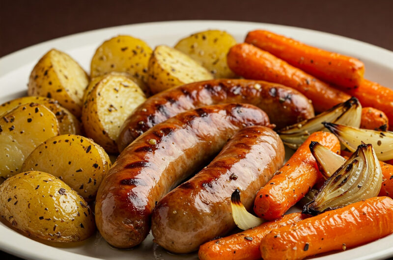 Herzhafte Bratwurstpfanne mit Möhren-Lauch und Butterkartoffeln