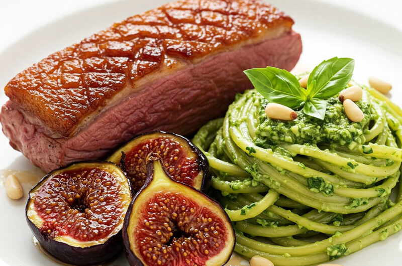 Gebratene Entenbrust mit karamellisierten Feigen, Basilikum-Pasta und nussigem Pesto