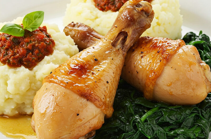 Saftige Hähnchenunterkeulen auf Blattspinat mit cremigem Kartoffelpüree und fruchtigem Pesto Rosso