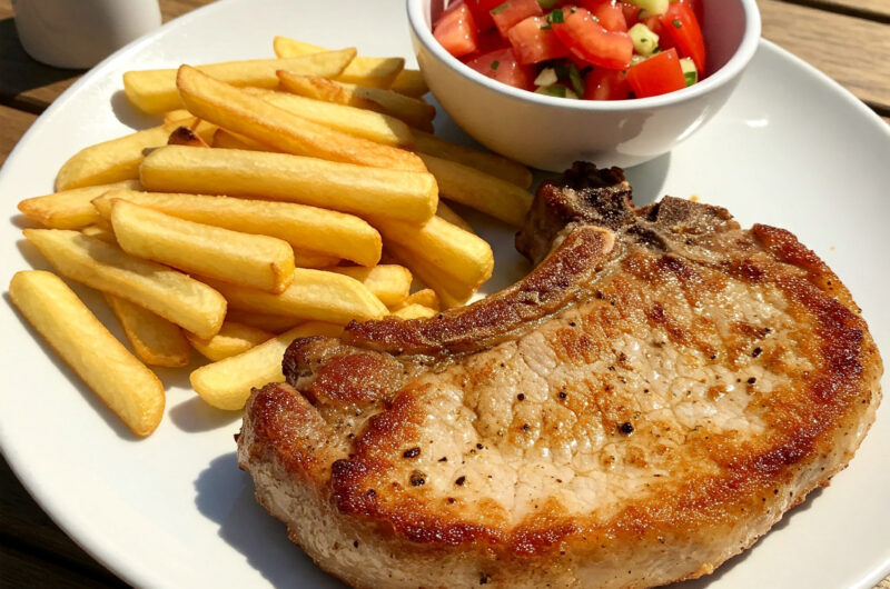 Knuspriges Stielkotelett mit Pesto-Tomatensalat, Chili-Dip & Pommes