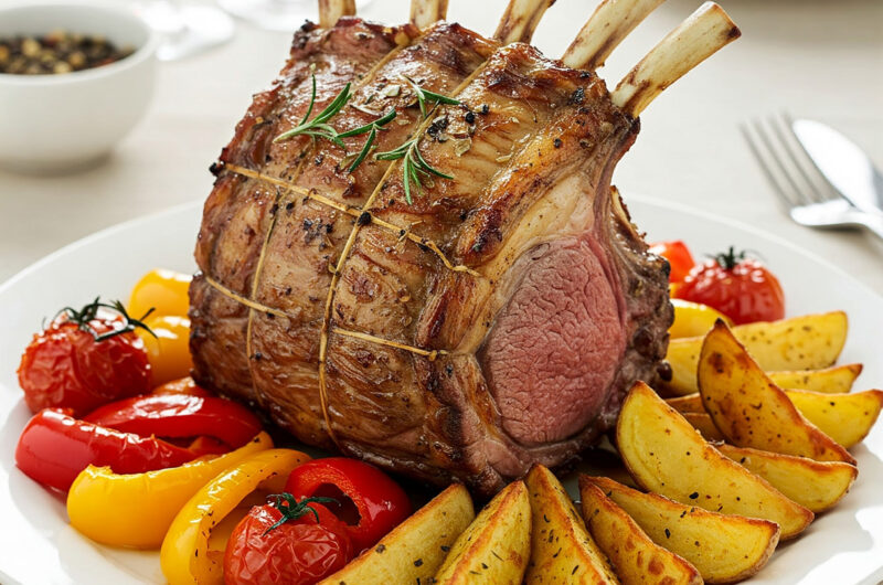 Lammkrone mit mediterranem Gemüse und knusprigen Kartoffelecken