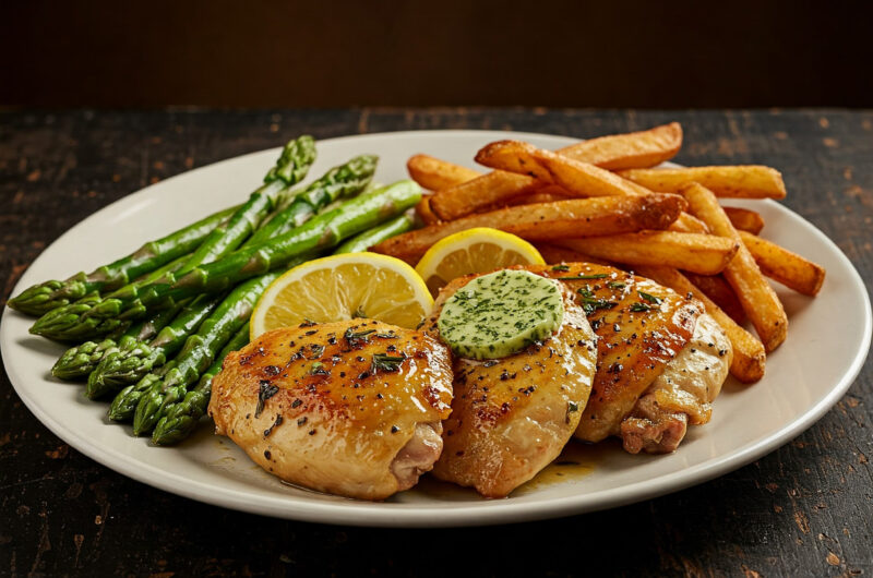 Zitronen-Kräuterbutter Maishähnchen mit grünem Spargel und Steakhaus-Pommes