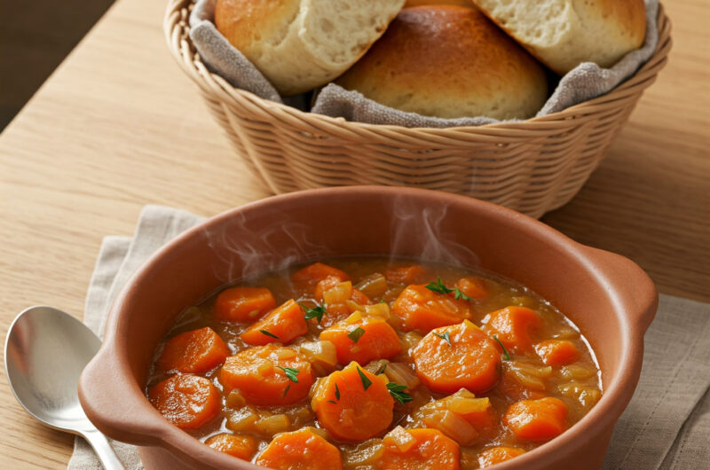 Herzhafter Möhreneintopf mit knackigen Bockwürsten und ofenfrischen Brötchen