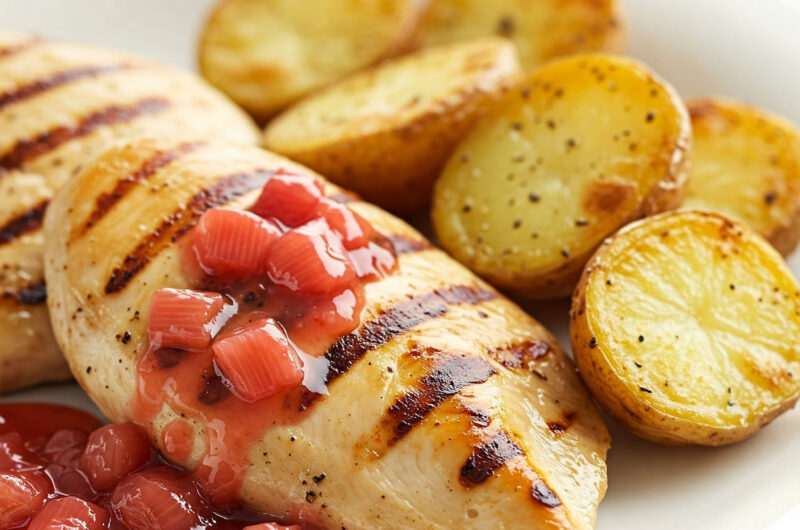 Putenschnitzel mit fruchtigem Rhabarber-Erdbeer-Sugo und knusprigen Bratkartoffeln