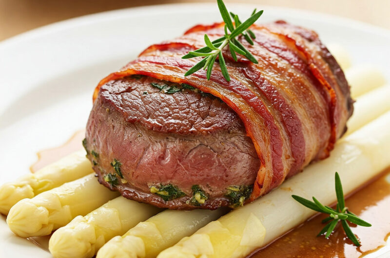 Zartes Rinderfilet im Kräuter-Speckmantel auf frischem weißen Spargel