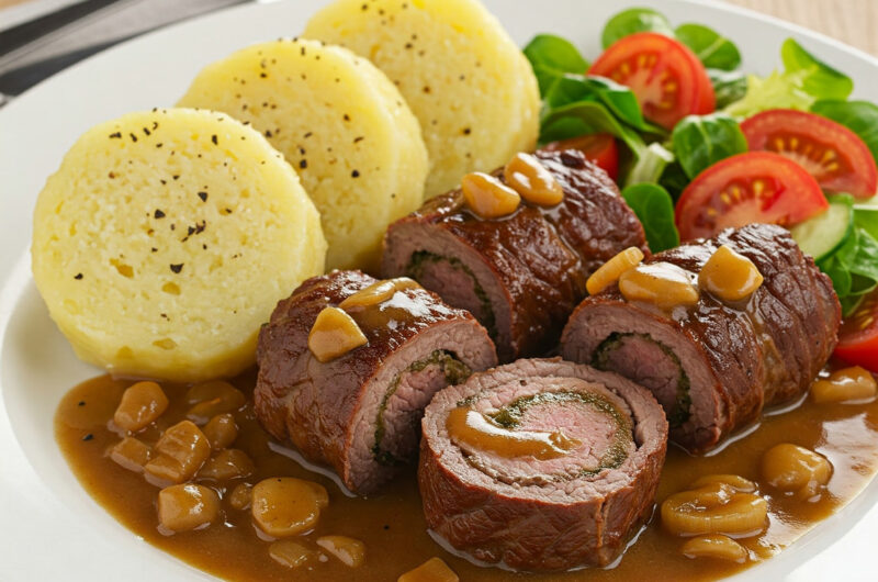 Klassische Rinderrouladen mit hausgemachten Kartoffelknödeln und frischem Salat