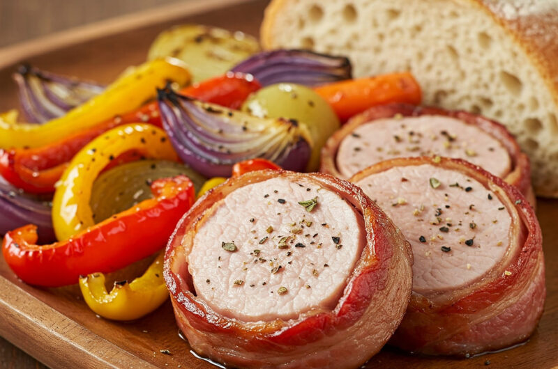 Mediterrane Bacon-Filet-Päckchen mit Käse-Oliven-Auberginen und knusprigem Baguette