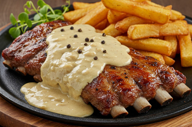 Herzhafte Spareribs mit cremiger Pfeffersauce, rustikalen Pommes und frischem Bohnensalat