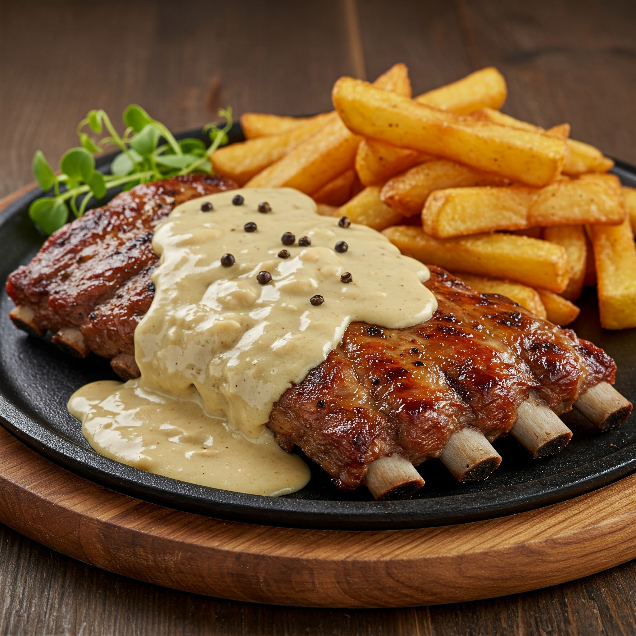u003cbru003eHerzhafte Spareribs mit cremiger Pfeffersauce, rustikalen Pommes und frischem Bohnensalat