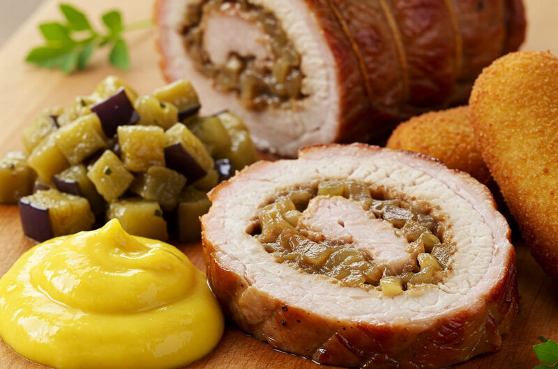 Herzhafter Spießbraten mit Mango-Curry-Dip, Pesto-Auberginen und knusprigen Kroketten