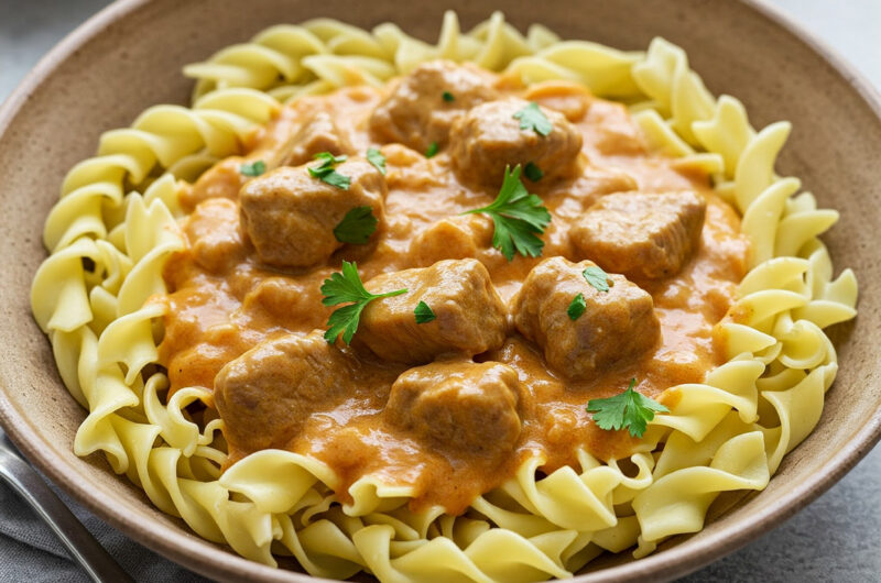 Exotisches Zebra-Gulasch in fruchtiger Rahmsauce mit feinen Hochzeit Nudeln