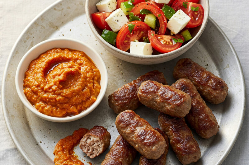Balkan-Platte: Cevapcici mit Schafskäse-Salat, Ajvar-Dip & Djuvec-Reis