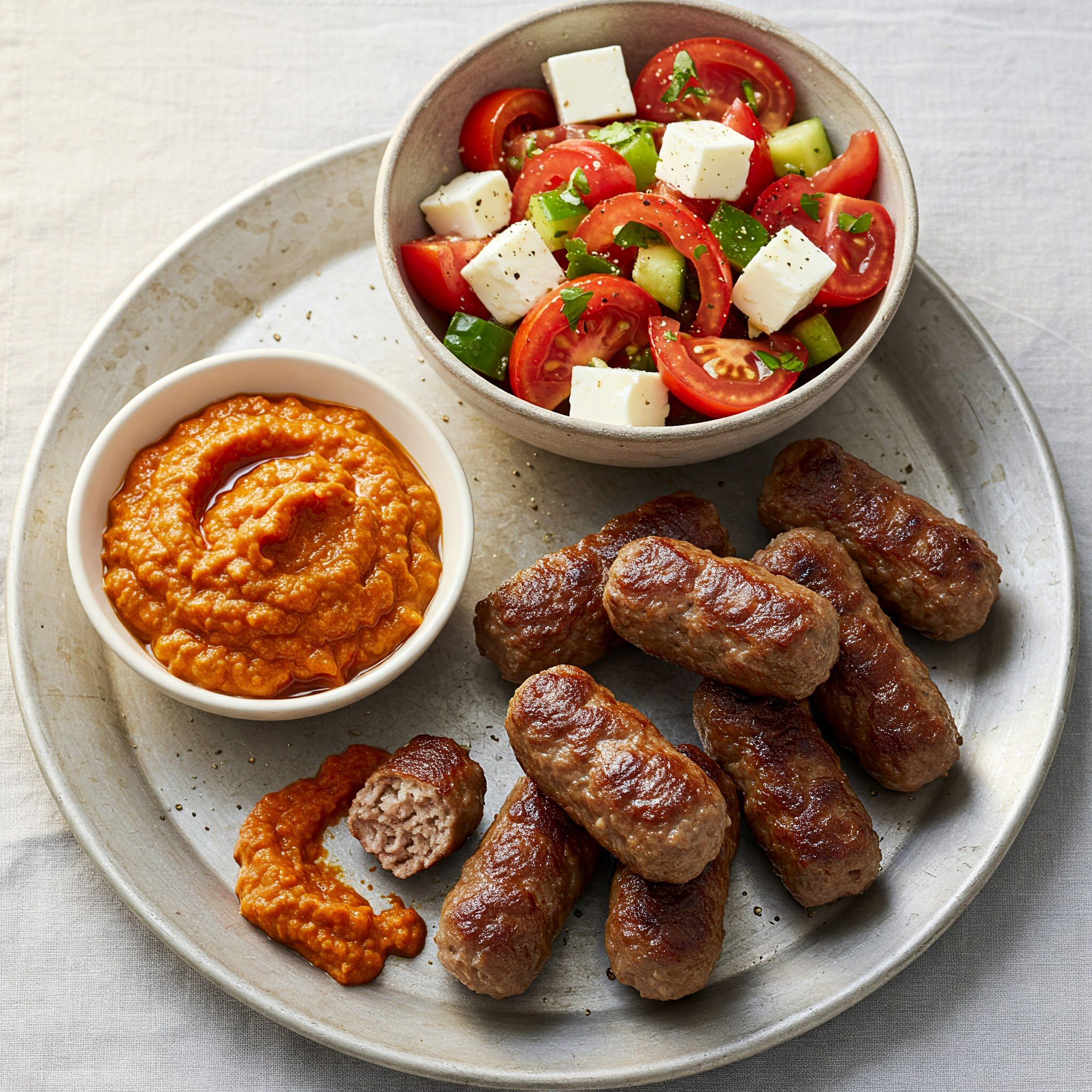 u003cbru003eBalkan-Platte: Cevapcici mit Schafskäse-Salat, Ajvar-Dip u0026amp; Djuvec-Reis