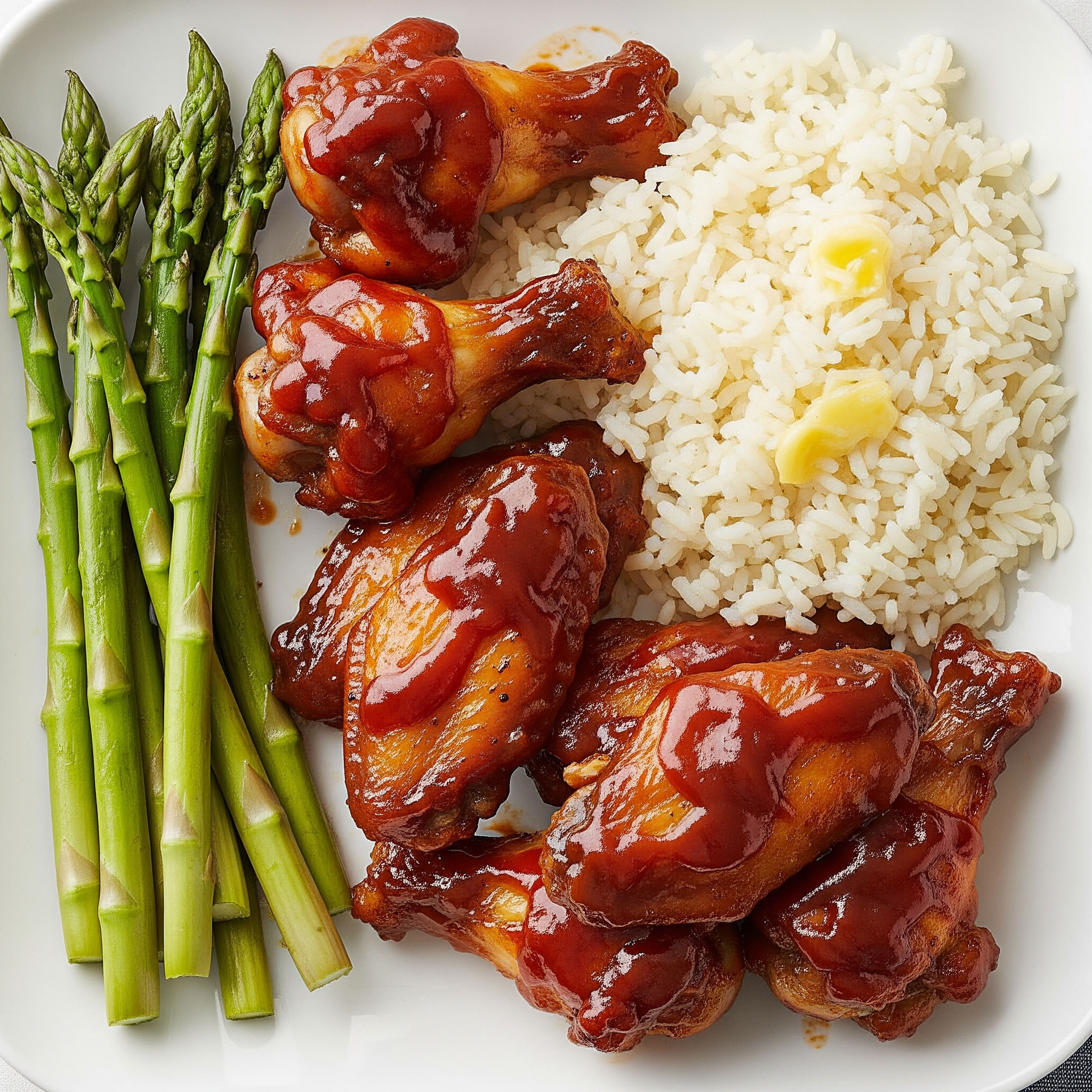 u003cbru003eChicken Wings mit BBQ, Spargel und Butterreis