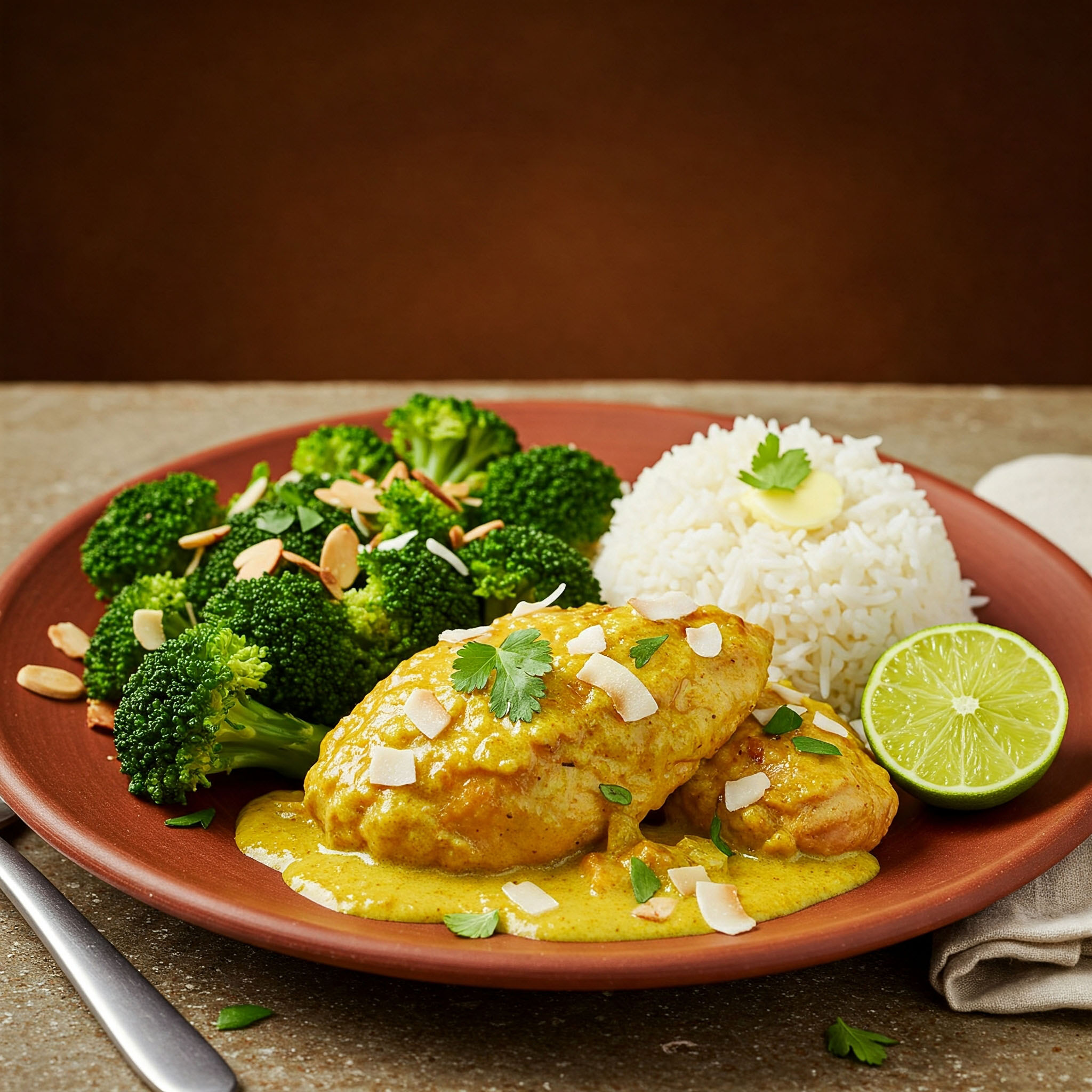 u003cbru003eExotisches Curry-Hähnchen mit Mandel-Broccoli und Butterreis