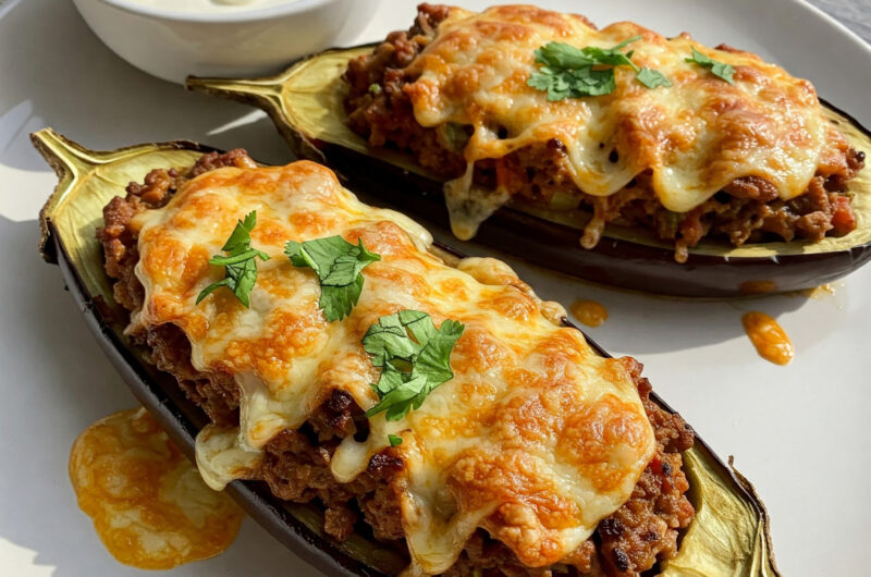 Gefüllte Hack-Aubergine mit Knoblauch-Dip