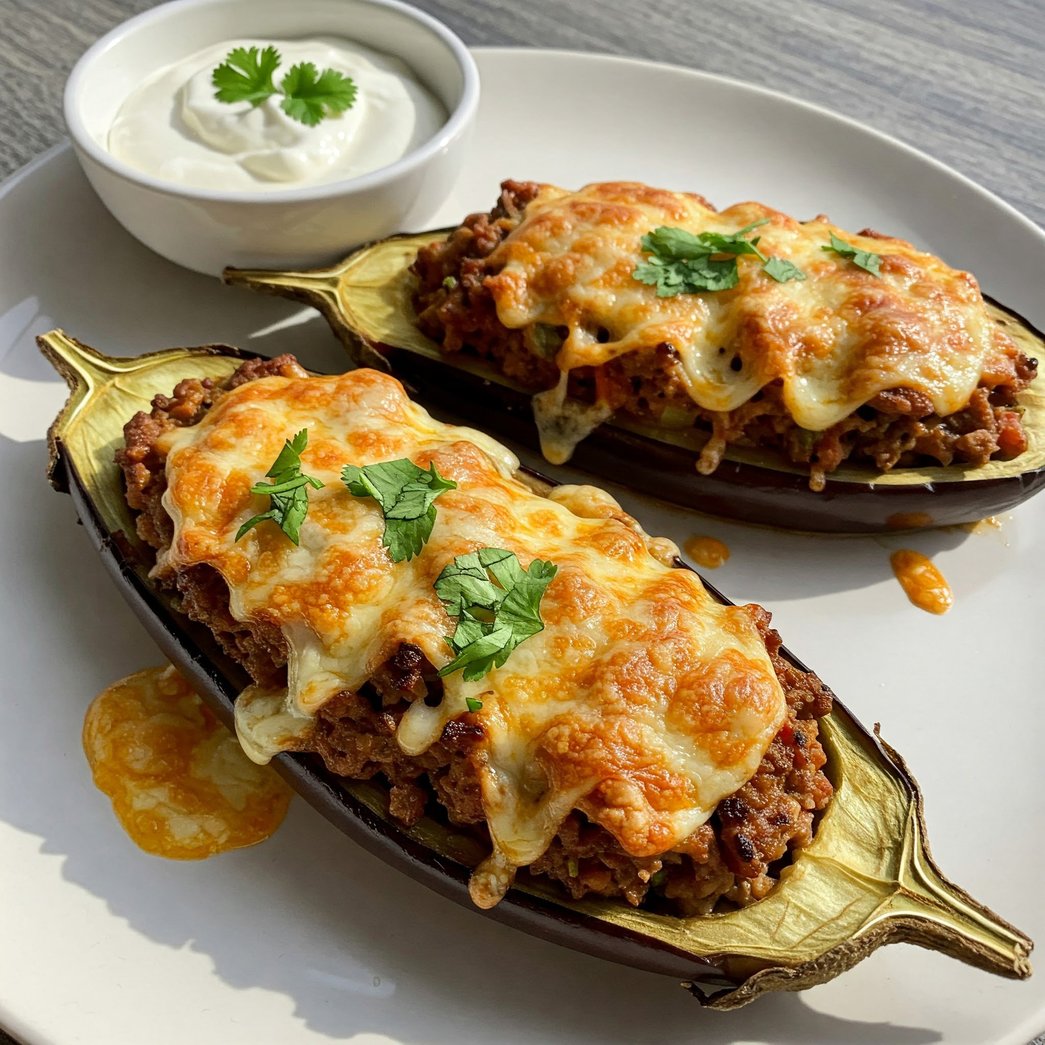 u003cbru003eGefüllte Hack-Aubergine mit Knoblauch-Dip