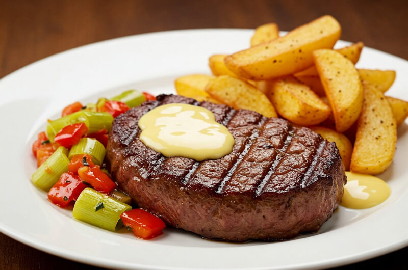 Gegrilltes Nackensteak mit Paprika-Lauch-Gemüse, Sauce Hollandaise & Steakhouse-Pommes