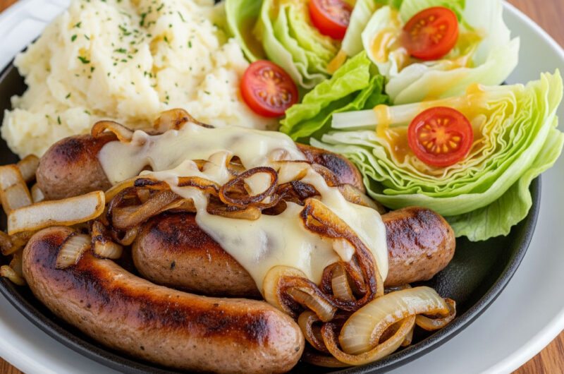 Herzhafte Bratwurst mit Püree und French-Salat