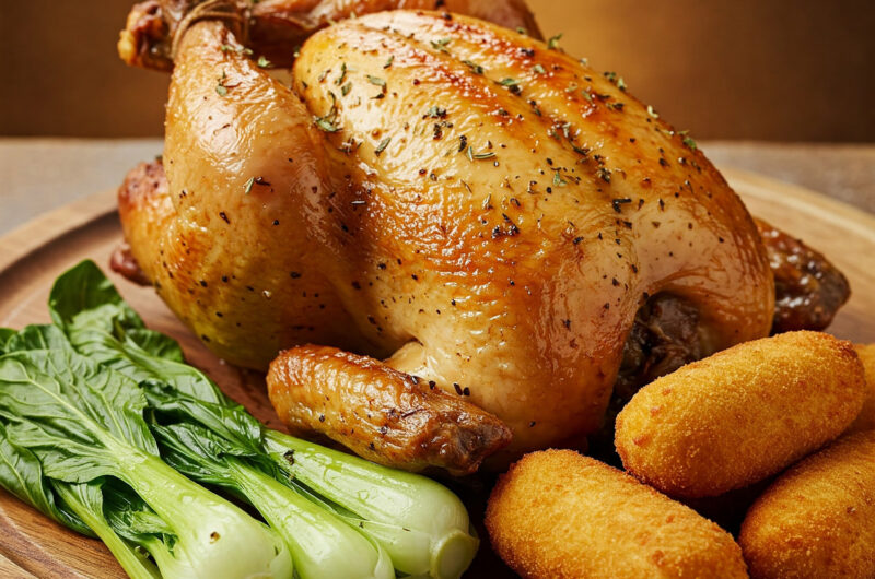 Knuspriges Hähnchen mit Pak Choi und Kroketten