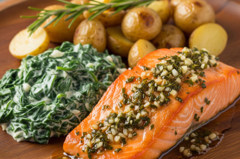 Lachsfilet auf cremigem Spinatbett mit Rosmarinkartoffeln