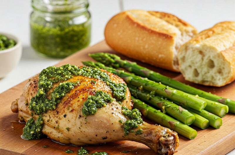 Pesto-Hähnchen mit Spargelsalat & Baguette