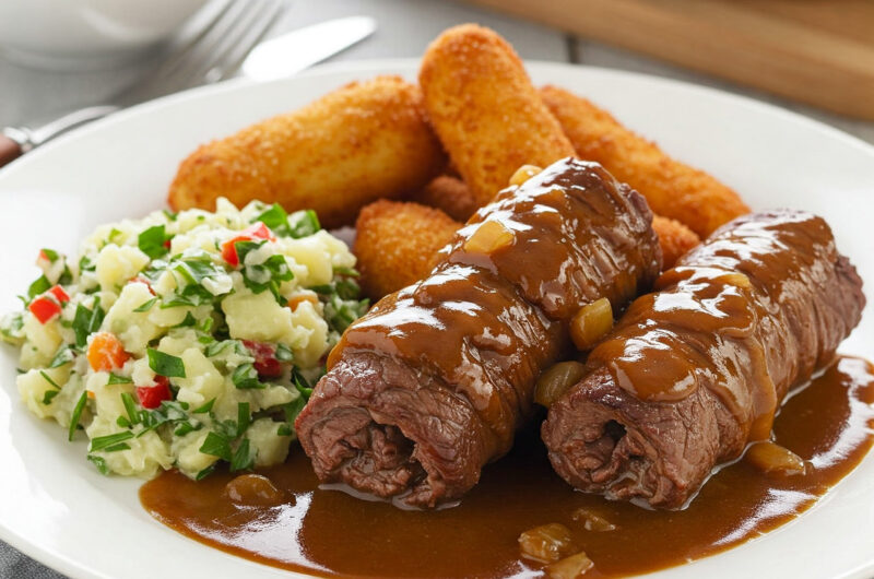 Rinderrouladen „Hausfrauen Art“ mit Kroketten und Gartenkräuter-Salat