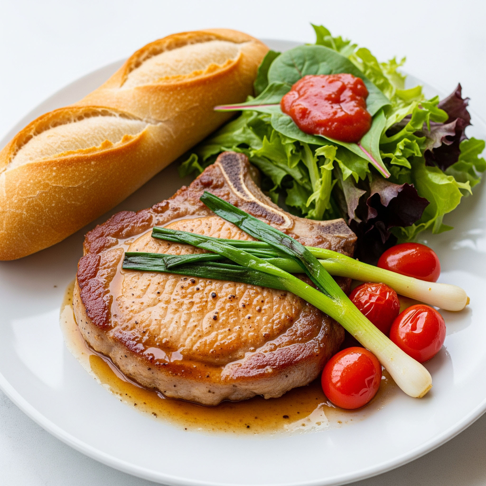 u003cbru003eSaftiges Stielkotelett mit Sommergemüse und Baguette