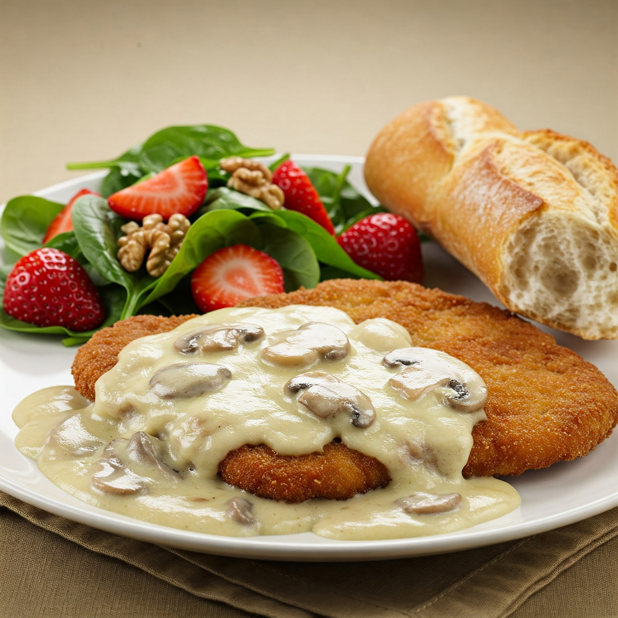 u003cbru003eSchlemmer-Schnitzel mit Champignon-Käse-Soße, Erdbeer-Salat u0026amp; Baguette