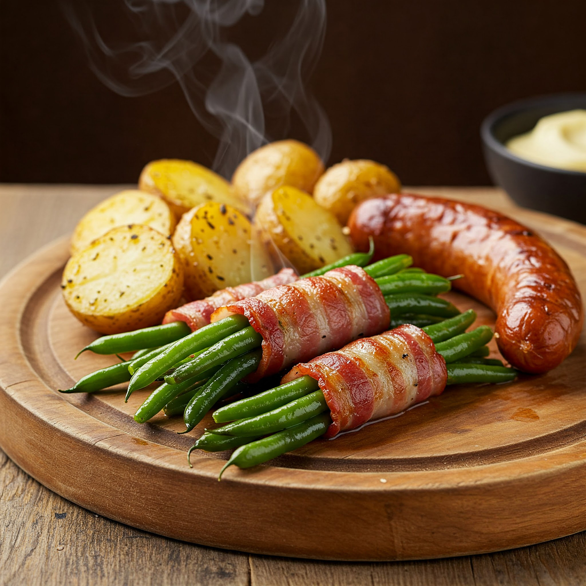 u003cbru003eSpießbraten-Bratwurst mit Speckbohnen und Röstkartoffeln