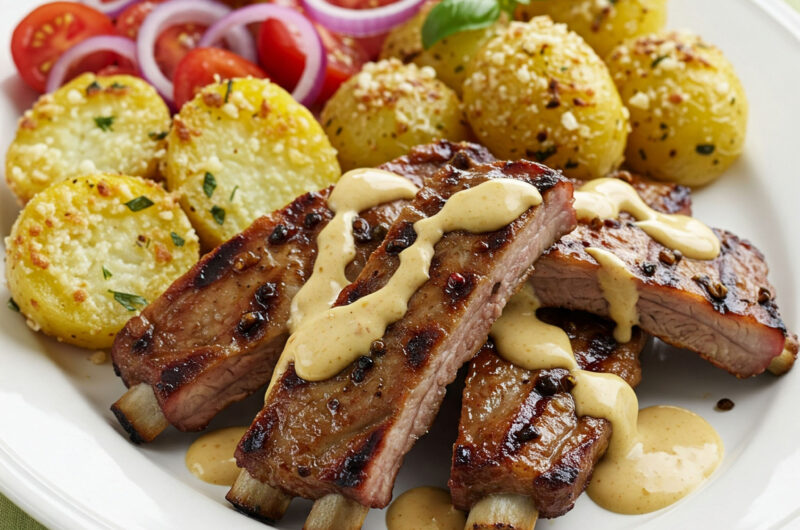 Würzige Grillrippchen mit Parmesan-Kartoffeln und Tomatenfrische