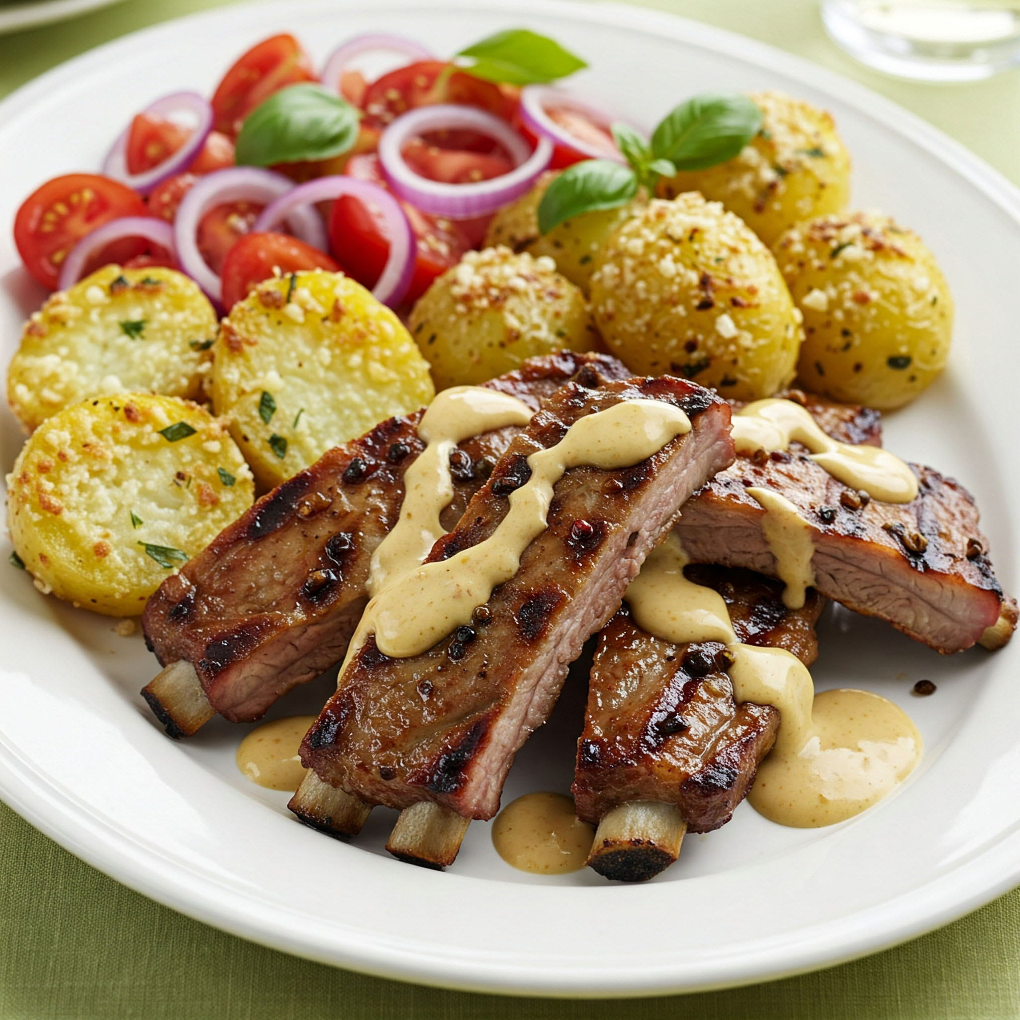 u003cbru003eWürzige Grillrippchen mit Parmesan-Kartoffeln und Tomatenfrische