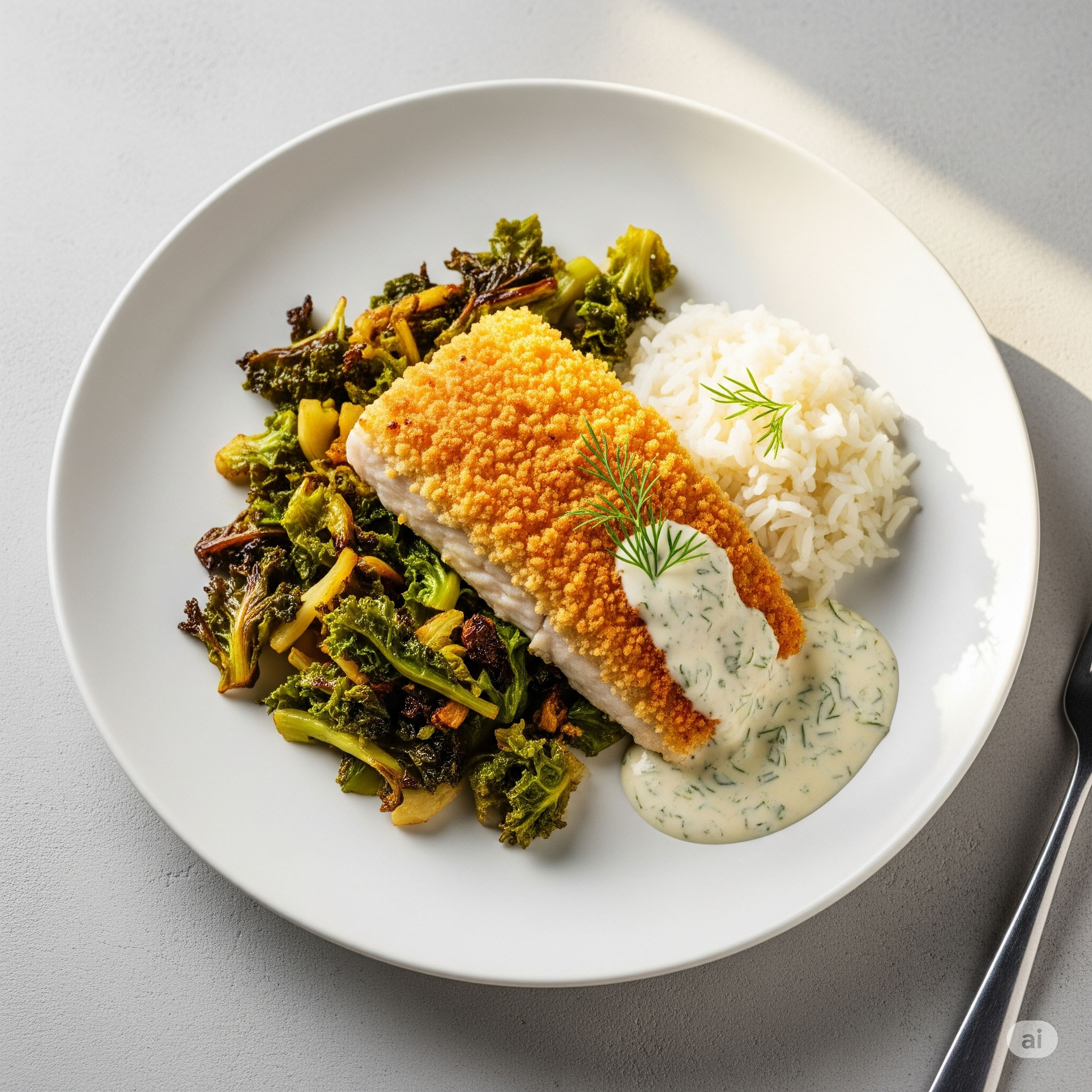 u003cbru003eSaiblingsfilet in Panko mit Spitzkohl u0026amp; Reis