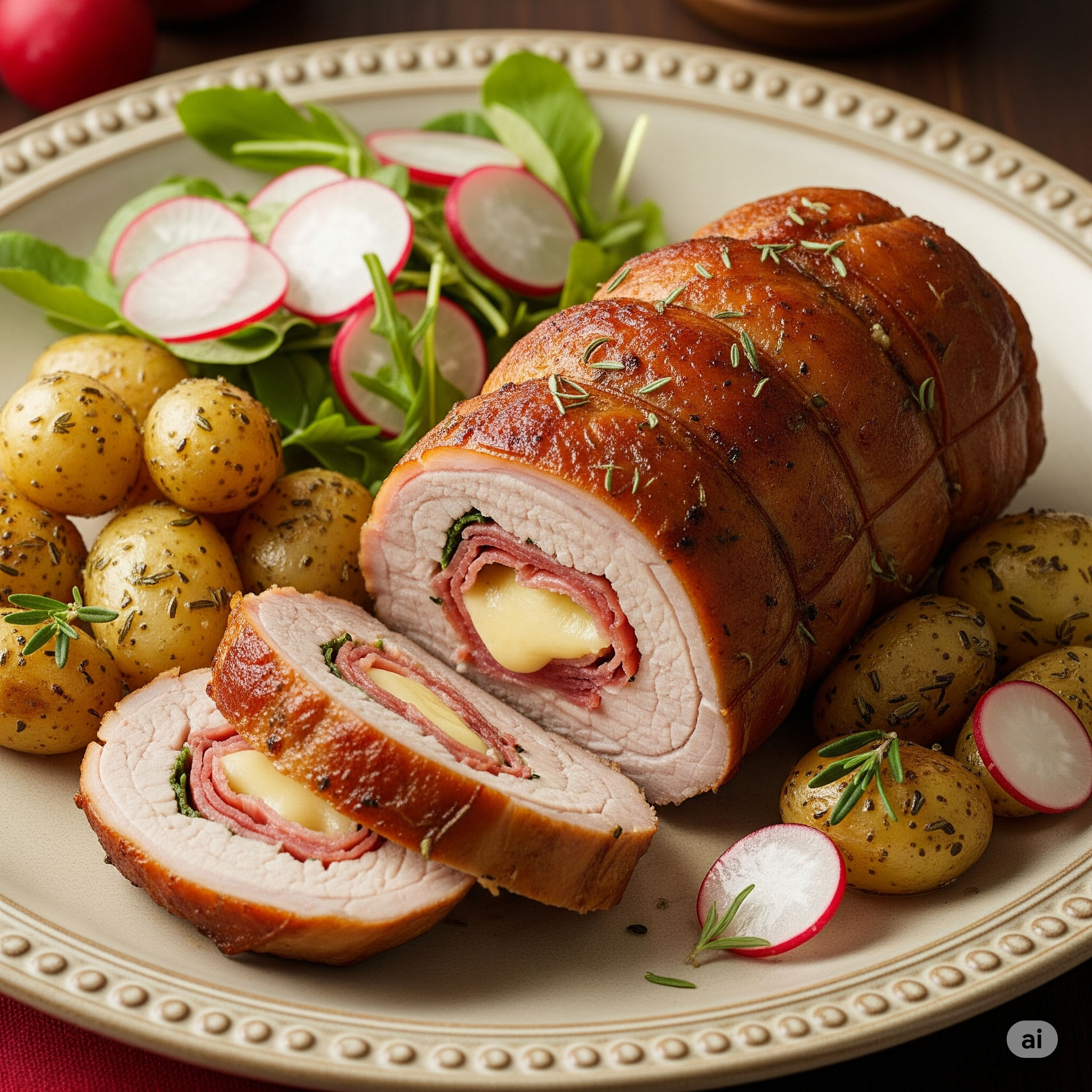 u003cbru003eBerner Schweinebraten mit Drillingen und Radieschensalat