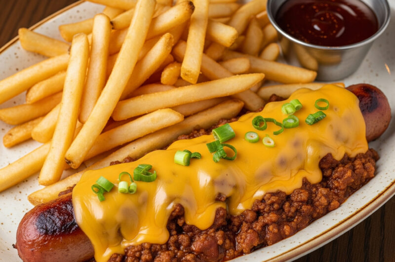 Chili-Cheese-Bratwurst mit Pommes