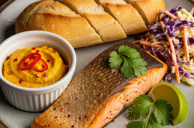 Gebratener Lachs mit Kurkuma-Chili-Dip