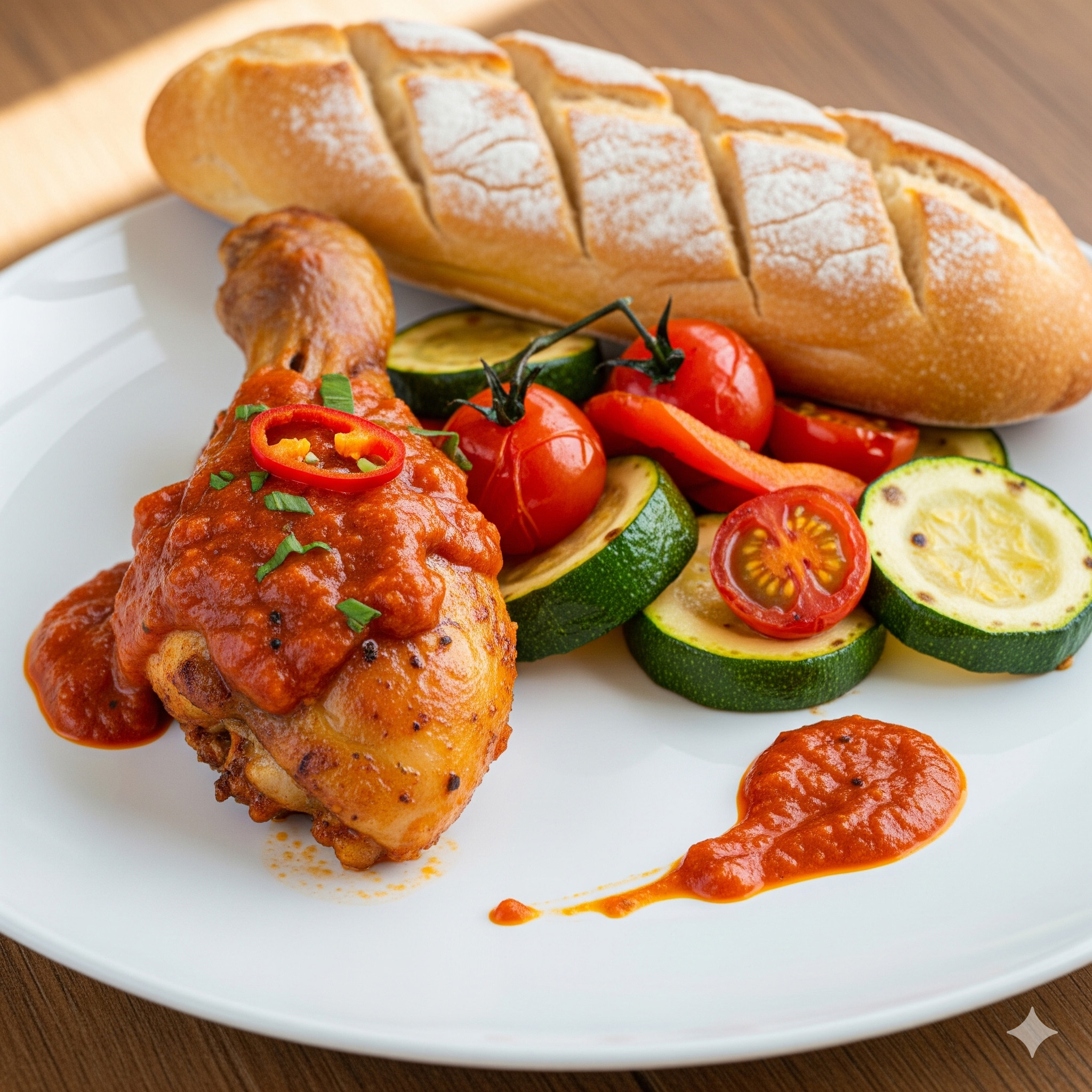 u003cbru003eHähnchenkeule mit pikanter Sauce