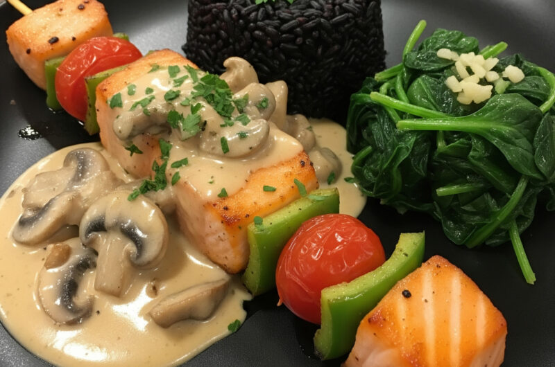 Lachsspieß auf schwarzem Reis