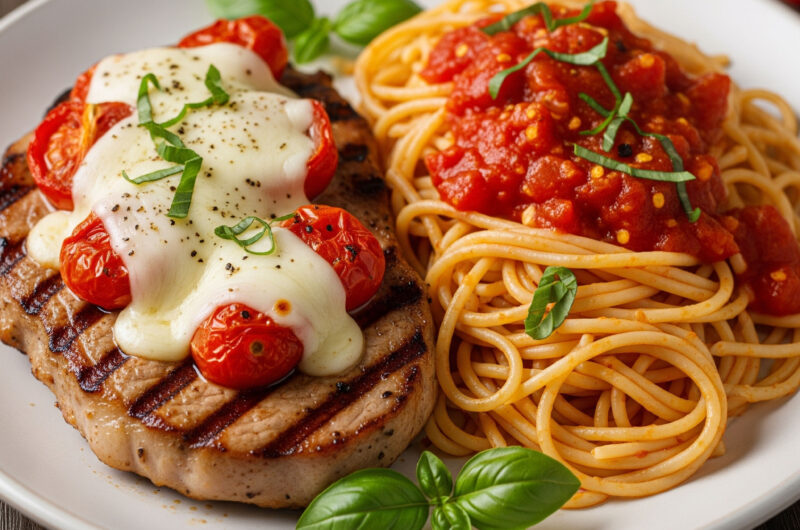 Schweinelachssteak „Caprese“ mit Pasta