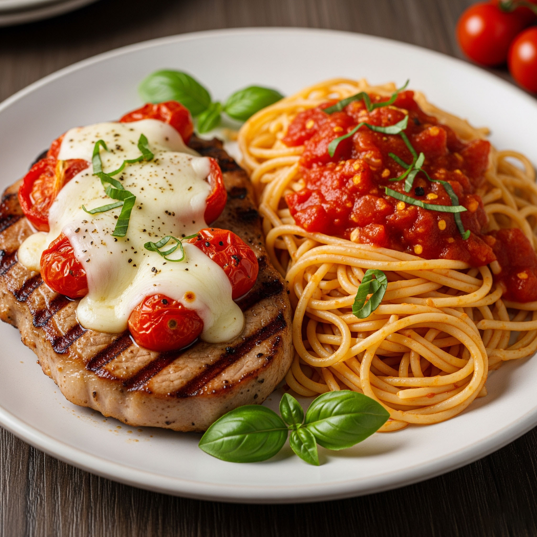 u003cbru003eSchweinelachssteak „Caprese“ mit Pasta