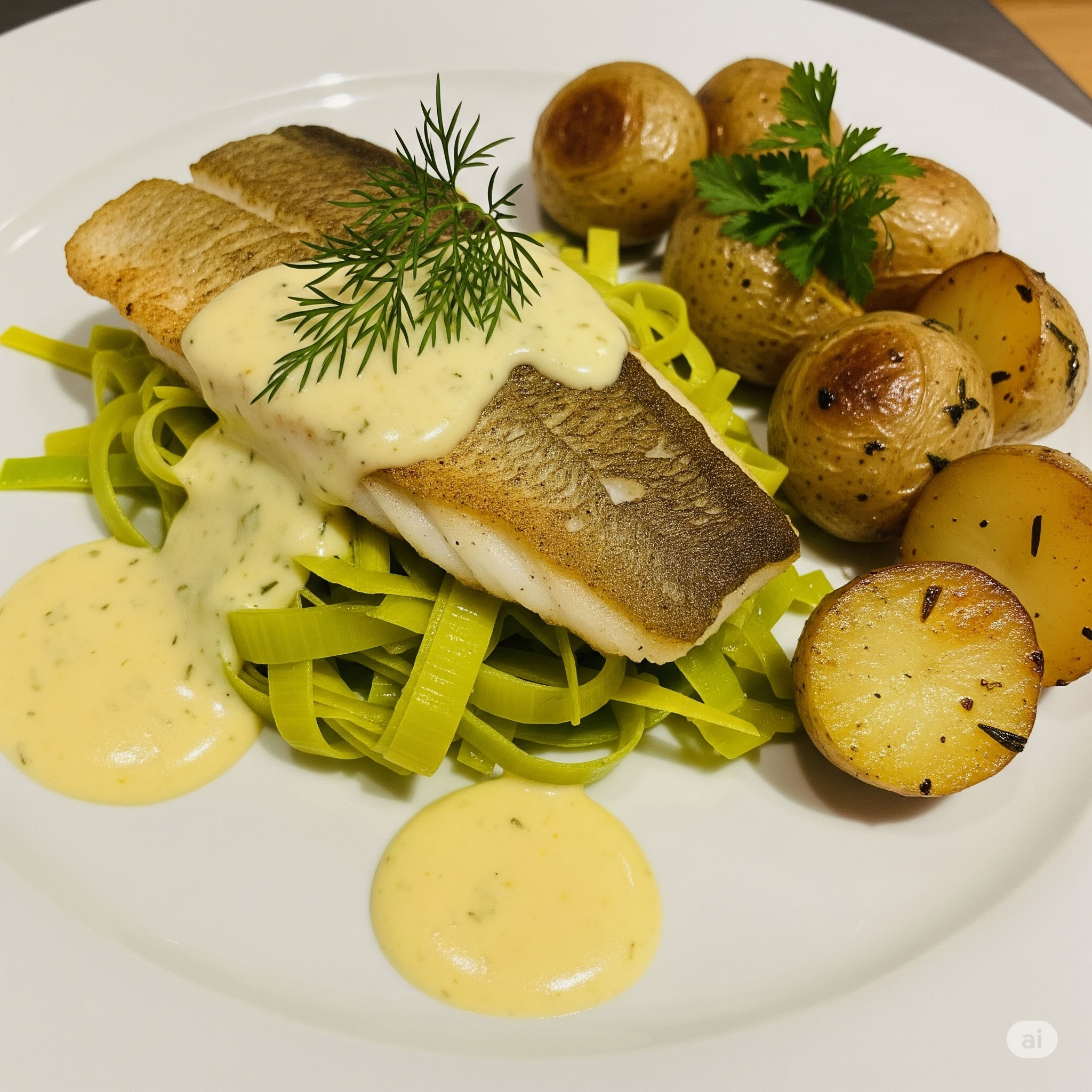 u003cbru003eZanderfilet mit Lauchgemüse und Röstkartoffeln