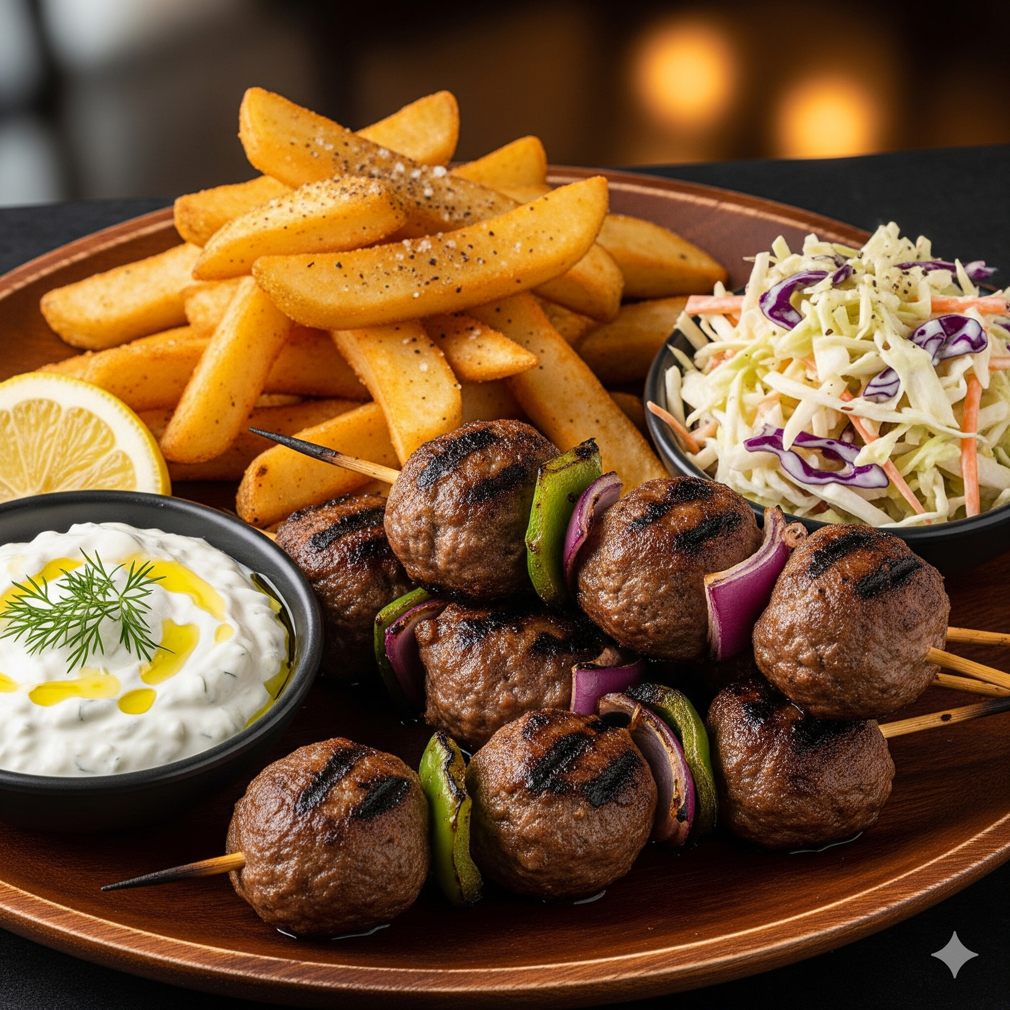 u003cbru003eHackbällchenspieß mit Tzatziki und Pommes