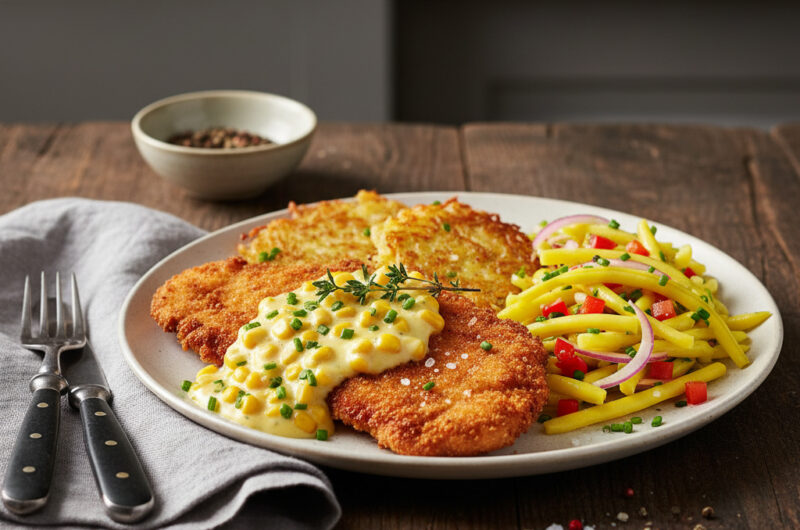 Hähnchenschnitzel mit Maissauce, Kartoffelrösti und Bohnensalat