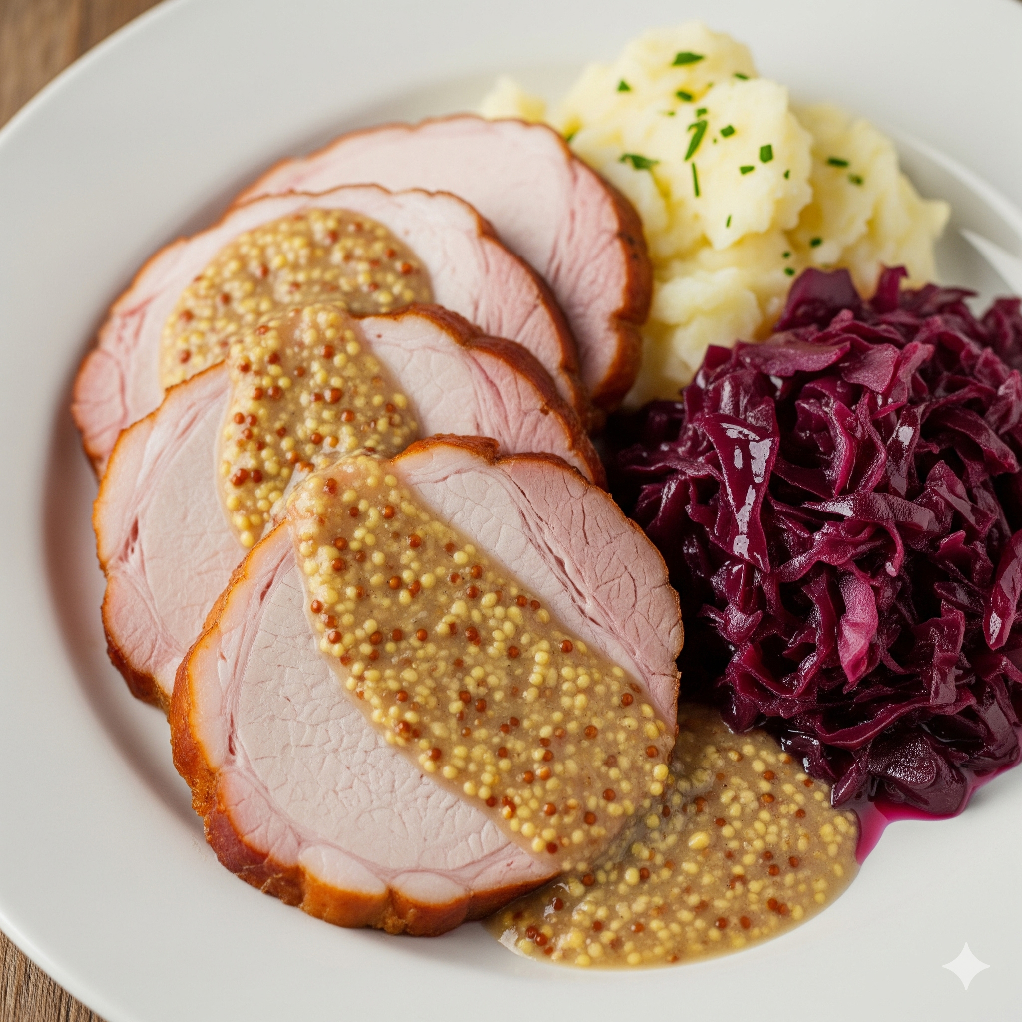 u003cbru003eKasseler mit Senfsauce, Kartoffelstampf u0026amp; Rotkohl