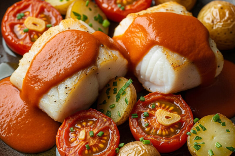 Seelachsloins mit Paprikasauce, Ofentomaten & kleinen Kartoffeln