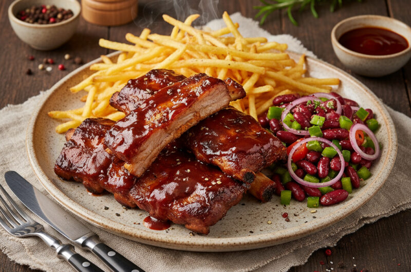 Spareribs mit BBQ-Sauce und Strohkartoffeln