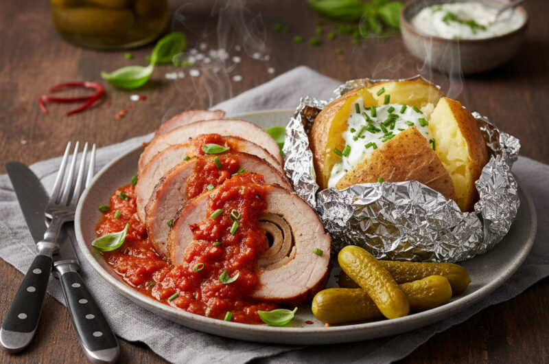Spießbraten mit Tomatensugo & Folienkartoffel