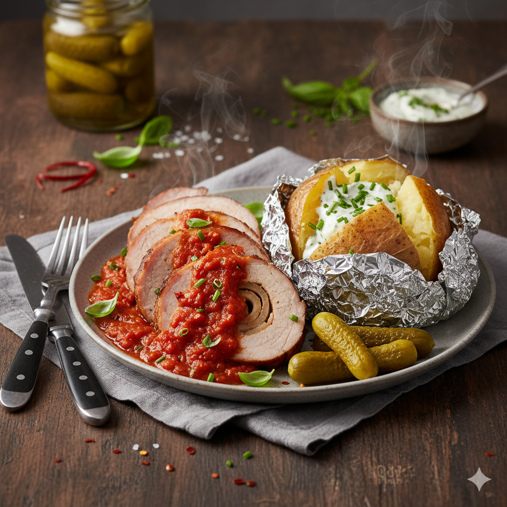 u003cbru003eSpießbraten mit Tomatensugo u0026amp; Folienkartoffel