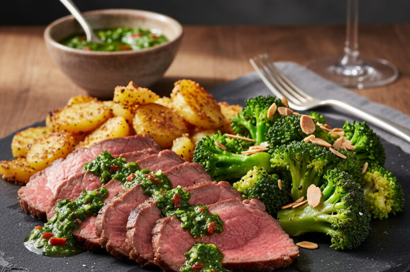 Edles Wagyu-Roastbeef mit frischer Chimichurri & Mandel-Brokkoli